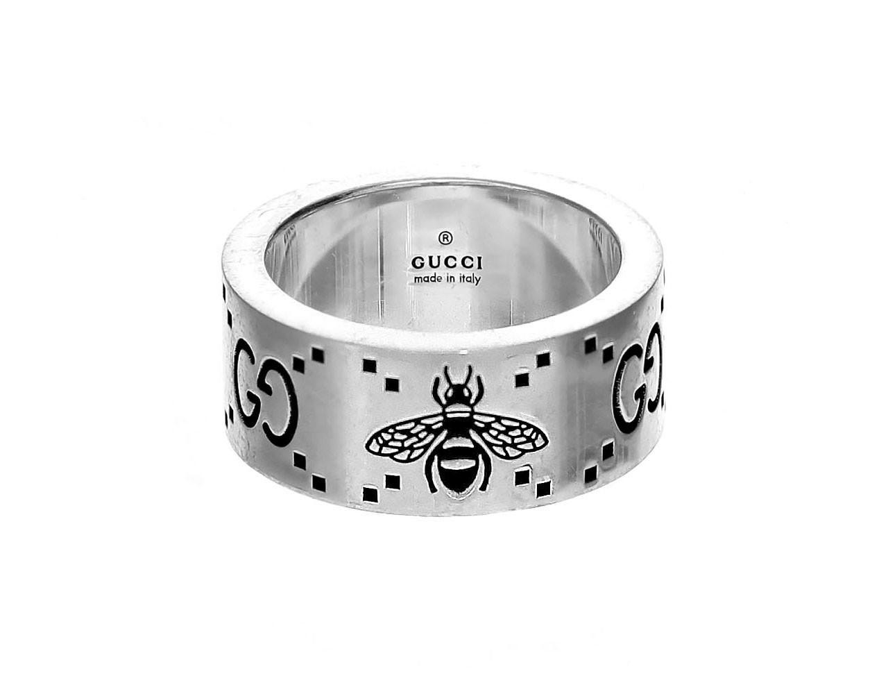 GUCCI Sterling Silver GG & Bee Engraved Wide Ring YBC7283040010