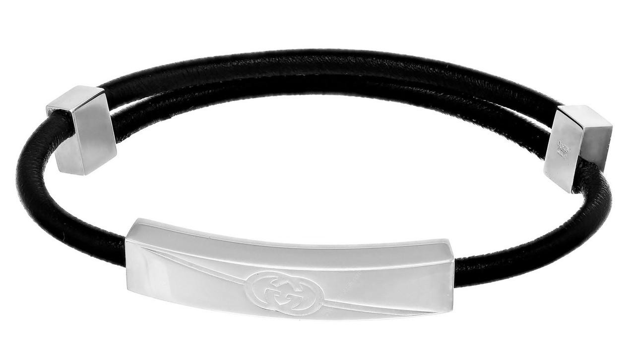 GUCCI Tag Interlocking G ID Black Leather Bracelet YBA77446400100U