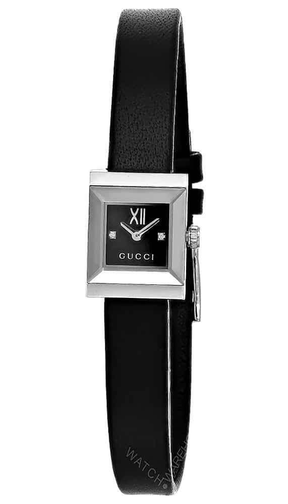 GUCCI G-Frame Quartz SS 14x18MM Black Dial Leather Women’s Watch